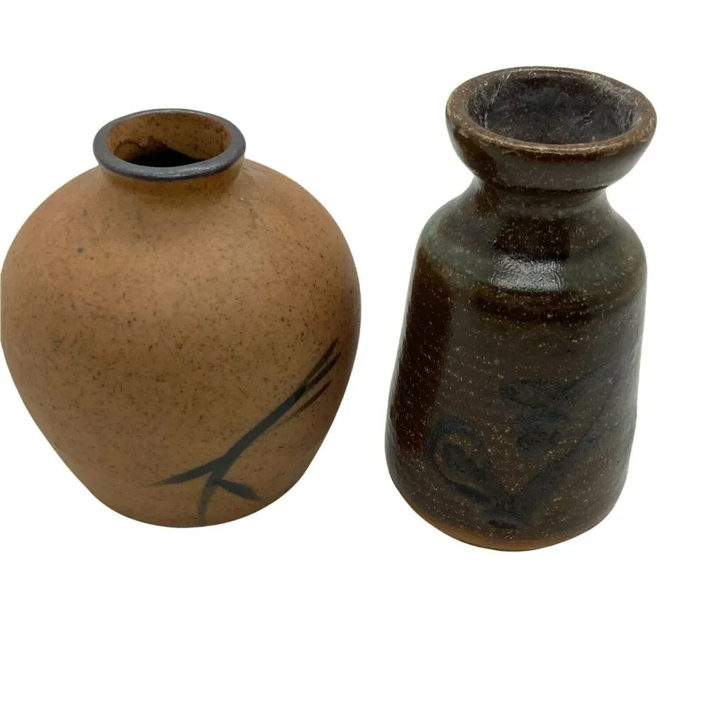 Mini Vases Set Of Two Beige Brown Ceramic Portable Signed Mid Century Charming - Picture 3 of 12